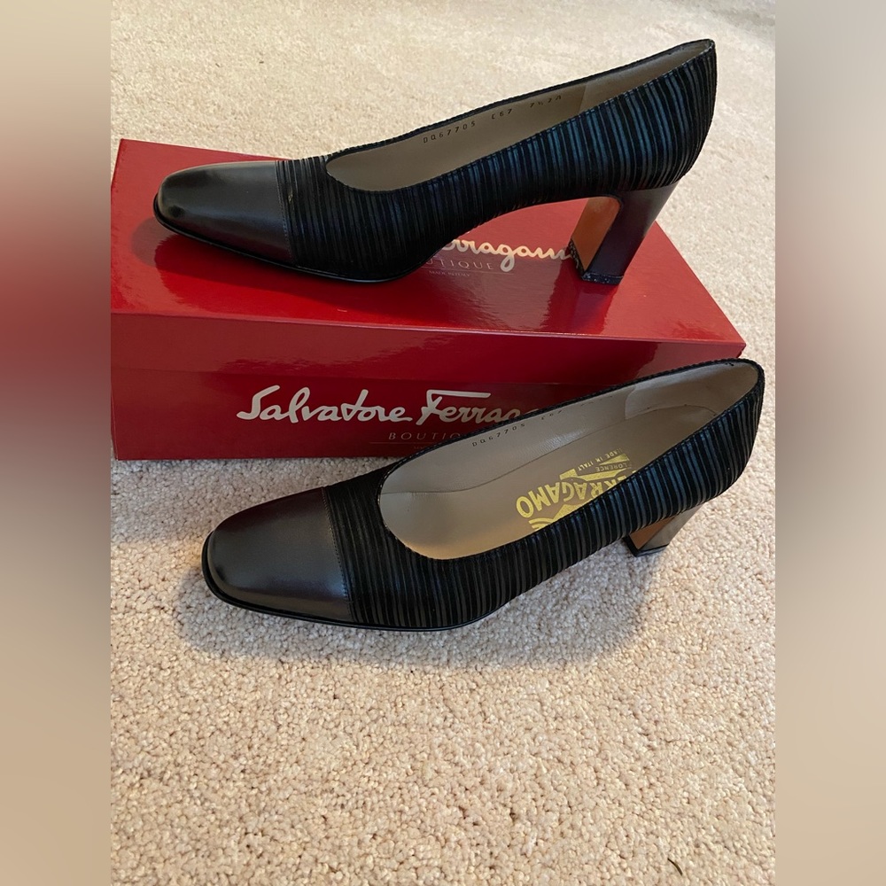 Size 7.5 Salvatore Ferragamo Heels. Black with black stripes. Gently worn.